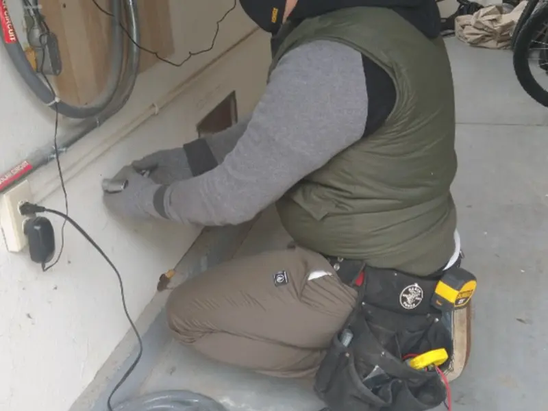 Electrician performing outlet wiring in a Walworth garage